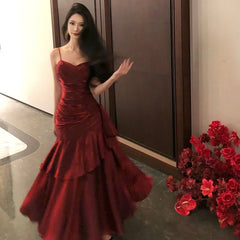 Spaghetti Strap V-Neck Plain Ruffle Panel Ruched Mermaid Evening Gown