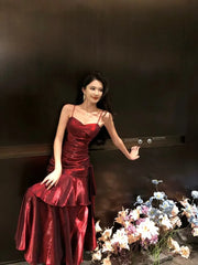 Spaghetti Strap V-Neck Plain Ruffle Panel Ruched Mermaid Evening Gown