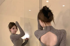 Long-Sleeve Mock Neck Open Back Cable Knit Mini Sheath Dress