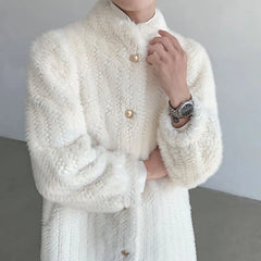 Stand Collar Plain Fluffy Button-Up Long Coat