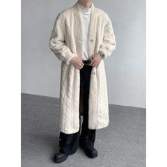 V-Neck Plain Fluffy Button-Up Long Coat