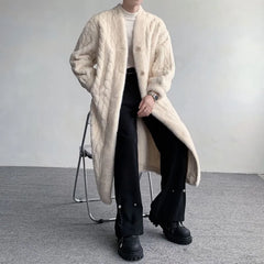 V-Neck Plain Fluffy Button-Up Long Coat