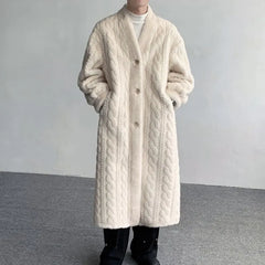 V-Neck Plain Fluffy Button-Up Long Coat