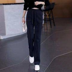 Drawstring Waist Plain Straight Leg Pants