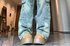 High Waist Washed Wide Leg Cargo Jeans