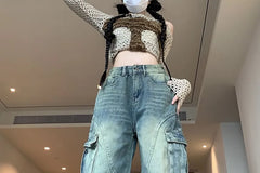 High Waist Washed Wide Leg Cargo Jeans