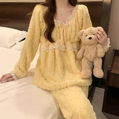 Pajama Set: Long-Sleeve Lace Trim Coral Fleece Top + Pants