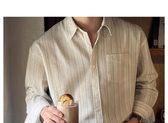Drop Shoulder Collared Striped Button Up Shirt