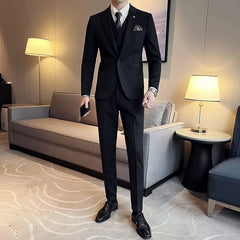 Set: Notch Lapel One-Buttoned Plain Blazer + Mid Rise Cropped Straight Leg Dress Pants + V-Neck Double-Breasted Vest