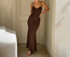 Spaghetti Strap V-Neck Plain Open Back Lace Maxi Mermaid Dress