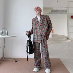 Set: Lapel Collar Plaid Double Breasted Blazer + Mid Rise Wide Leg Pants