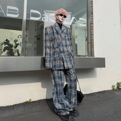 Set: Lapel Collar Plaid Double Breasted Blazer + Mid Rise Wide Leg Pants