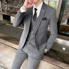 Set: Notch Lapel Single-Breasted Plain Blazer + Mid Rise Cropped Straight Leg Dress Pants + V-Neck Vest