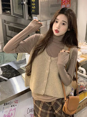 Long Sleeve Turtleneck Plain Top / Scoop Neck Plain Button Sweater Vest