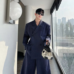 Set: Peak Lapel Striped Double-Breasted Blazer + Mid Rise Wide Leg Dress Pants