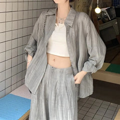 Collared Tie Dye Oversized Shirt / Mid Waist Plain Wide Leg Pants