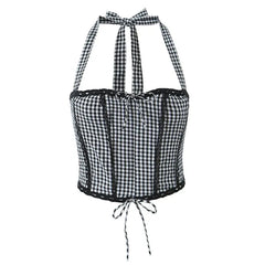 Halter Plaid Panel Lace Trim Top / Mid Waist Drawstring Mini Pencil Skirt