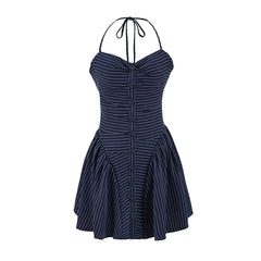 Halter Striped Button Mini A-Line Corset Dress