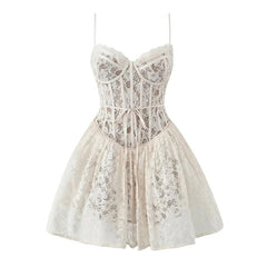 Spaghetti Strap Tie Waist Lace Mini A-Line Corset Dress