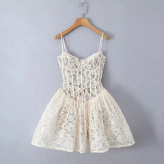 Spaghetti Strap Tie Waist Lace Mini A-Line Corset Dress