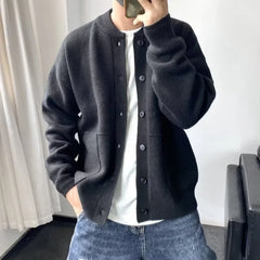 Crew Neck Button-Up Plain Cardigan