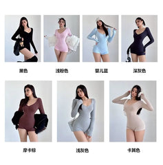 Long-Sleeve Scoop Neck Plain Slim Fit Jumpsuit