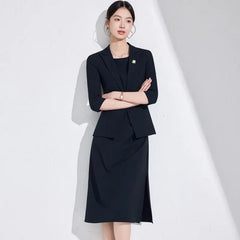 Elbow-Sleeve Peak Lapel Single-Button Blazer / Sleeveless Crew Neck Sheath Dress / Suit Pants