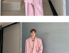 Set: Mock Two-Piece Peak Lapel Plain Buttoned Slit Blazer + Mid Rise Wide Leg Dress Pants