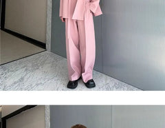 Set: Mock Two-Piece Peak Lapel Plain Buttoned Slit Blazer + Mid Rise Wide Leg Dress Pants