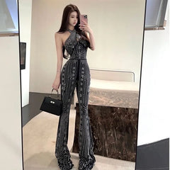 Halter Neck Rhinestone Wide Leg Jumpsuit