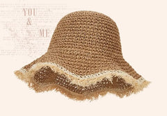 Fringed Trim Straw Bucket Hat