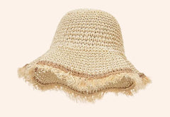 Fringed Trim Straw Bucket Hat