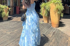 Spaghetti Strap Tie Dye Ruffle Asymmetrical Maxi Sundress