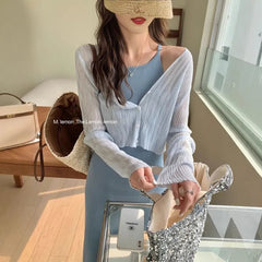 V-Neck Button-Up Plain Sheer Crop Cardigan