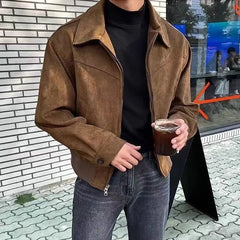 Collared Plain Faux Suede Zip Jacket