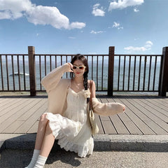 Spaghetti Strap V-Neck Eyelet Lace Panel Frill Trim Tie Front Mini A-Line Dress / Plain Cardigan