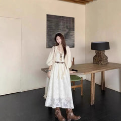 Spaghetti Strap V-Neck Tassel Lace Midi A-Line Dress / Tie Front Plain Long Jacket / Belt