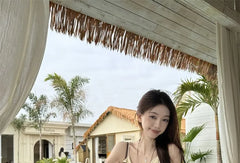 Spaghetti Strap V-Neck Tassel Lace Midi A-Line Dress / Tie Front Plain Long Jacket / Belt