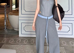Mock Two Piece Bustier Top / Drawstring Waist Panel Wide Leg Pants
