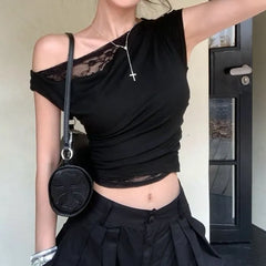 One-Shoulder Short Sleeve Asymmetrical Ruched Lace Trim Crop Top
