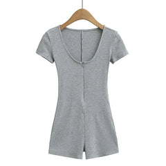 Short-Sleeve Scoop Neck Half-Zip Plain Romper