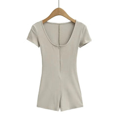 Short-Sleeve Scoop Neck Half-Zip Plain Romper