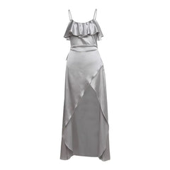 Spaghetti Strap Ruffled Plain Slit Maxi Bodycon Dress