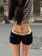 Low Rise Contrast Trim Frayed Denim Shorts