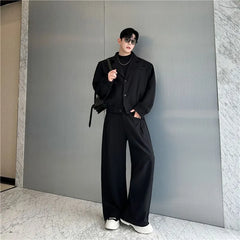 Set: Lapel Collar Plain Single Breasted Blazer + Mid Rise Plain Wide Leg Pants