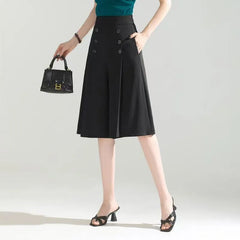 High Waist Plain Double Breasted Culottes
