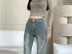 Mid Rise Washed Distressed Flared Jeans