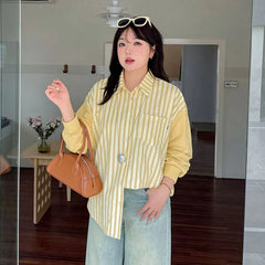 [XL-4XL] Long Sleeve Collared Striped Panel Shirt