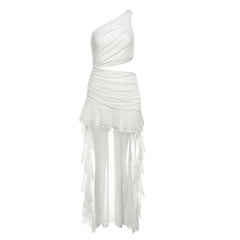 Sleeveless One Shoulder Plain Ruched Cut-Out Asymmetric Mini Dress
