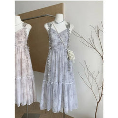 Spaghetti Strap V-Neck Tie Dye Ruched Mesh Midi A-Line Dress